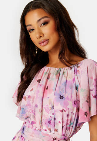 Floral Flutter Chiffon Open Back Maxi Dress
