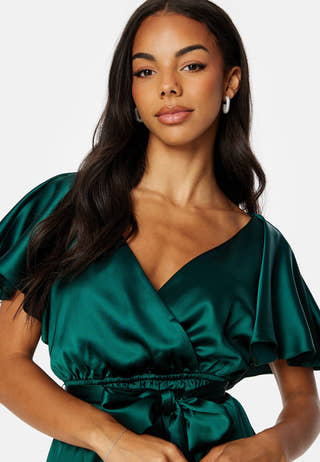 Flutter Sleeve Satin Midi Dress