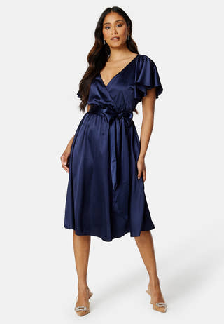 Flutter Sleeve Satin Midi Dress