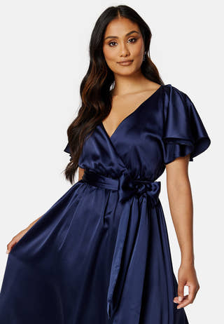 Flutter Sleeve Satin Midi Dress