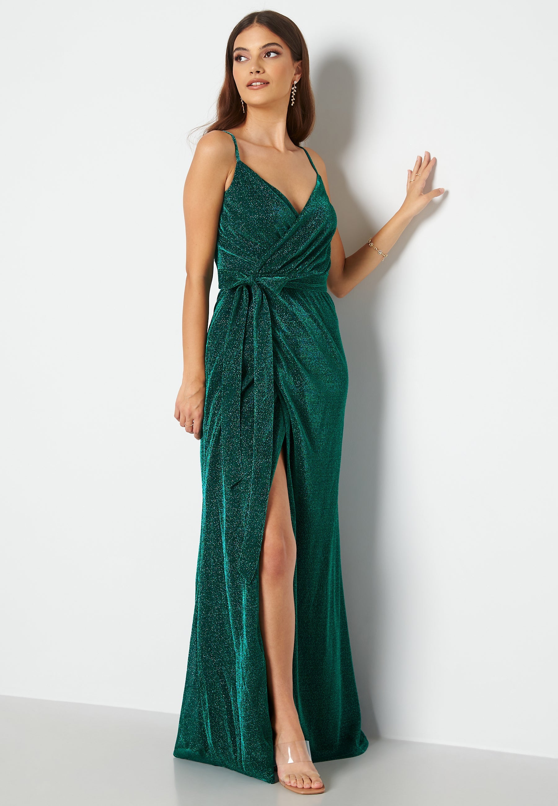 Goddiva Glitter Wrap Front Maxi Dress Ball gowns Green Goddiva Glitter Wrap Front Maxi Dress Ball gowns Green