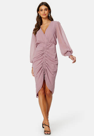 Long Sleeve Chiffon Rouched Midi Dress