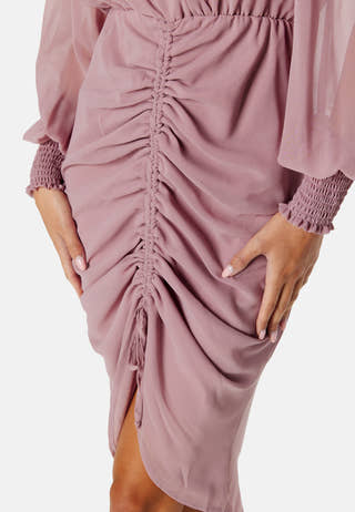 Long Sleeve Chiffon Rouched Midi Dress