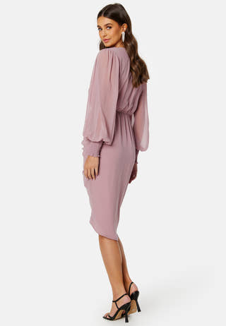 Long Sleeve Chiffon Rouched Midi Dress