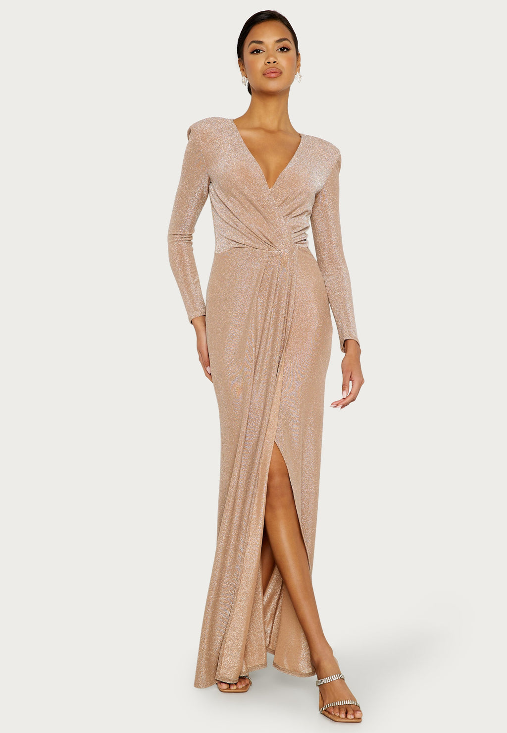 Goddiva – Long Sleeve Glitter Maxi Dress – Ball gowns – Beige
