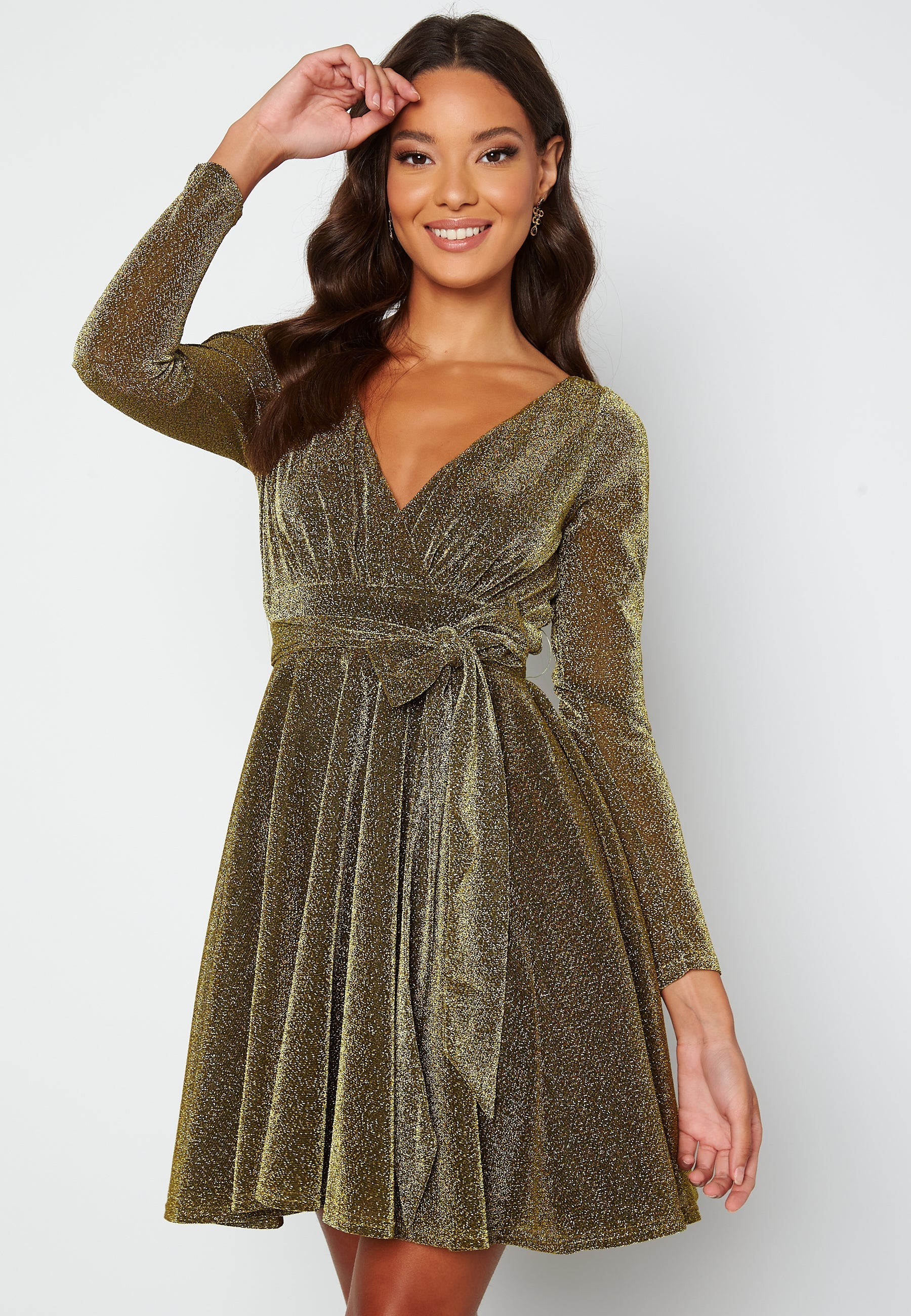 Goddiva Long Sleeve Glitter Skater Dress Cocktail dresses Gold Goddiva Long Sleeve Glitter Skater Dress Cocktail dresses Gold