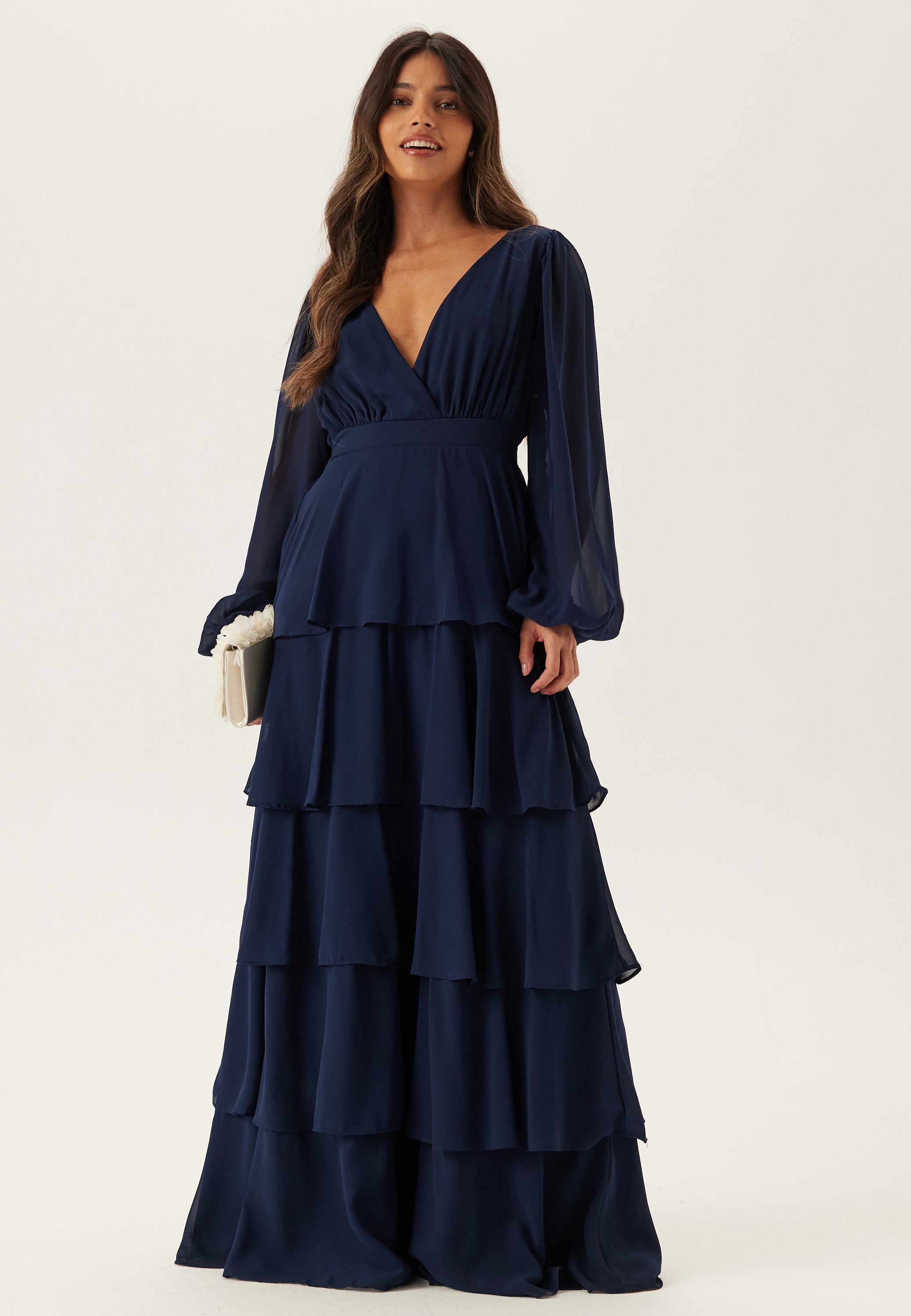 Goddiva Long Sleeve Tiered Maxi Dress Blue Blue Goddiva Long Sleeve Tiered Maxi Dress Blue Blue