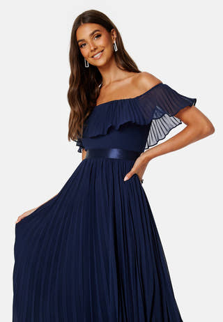 Pleated Chiffon Off Shoulder Maxi Dress
