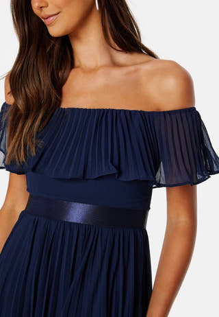 Pleated Chiffon Off Shoulder Maxi Dress