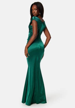 Satin Bardot Pleat Maxi Dress