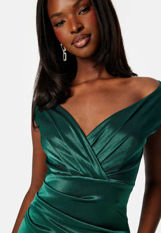 Satin Bardot Pleat Maxi Dress