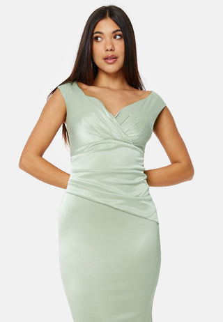 Satin Bardot Pleat Maxi Dress