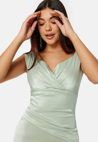 Satin Bardot Pleat Maxi Dress