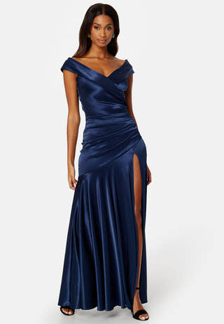 Satin Bardot Pleat Maxi With Split