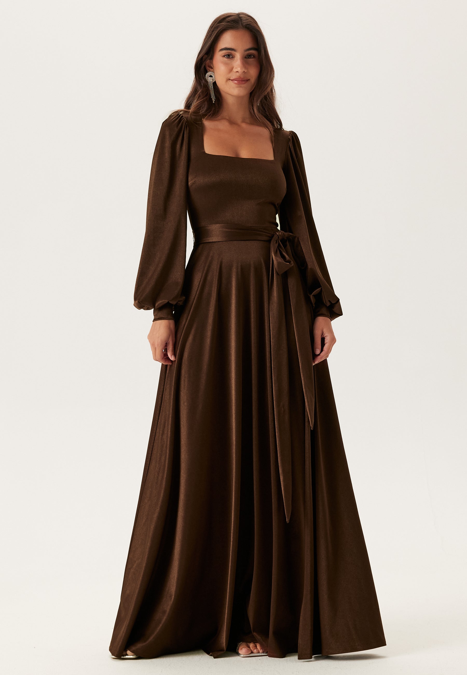 brown open back dress Goddiva – Satin Volume Sleeve Maxi Dress – Bridesmaid dresses – Brown