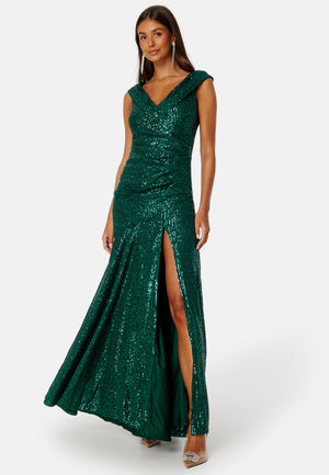 Sequin Bardot Pleat Maxi With Split