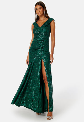 Sequin Bardot Pleat Maxi With Split