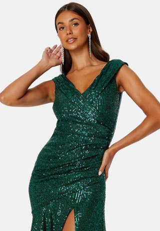 Sequin Bardot Pleat Maxi With Split
