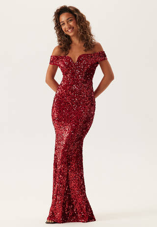 goddiva red sequin dress Goddiva Multi sequin & velvet bardot midi dress in red