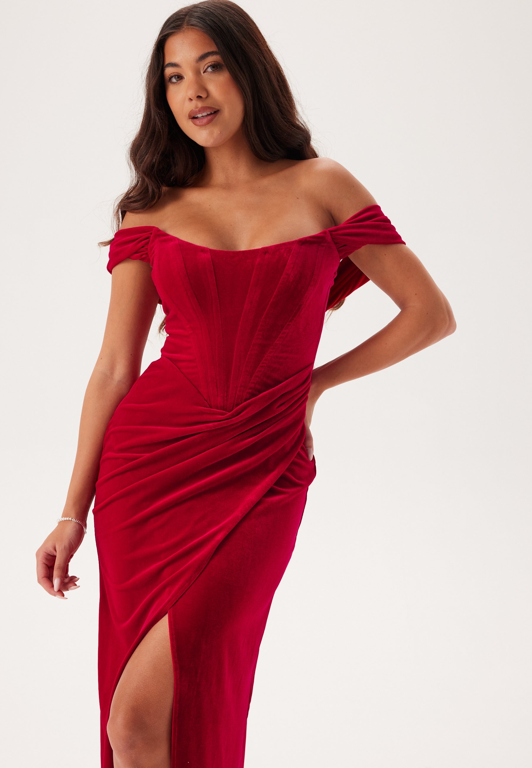 goddiva draped shoulder velvet corset maxi dress reviews Goddiva – Velvet Bardot Corset Maxi Dres – campaign-outlet – Red