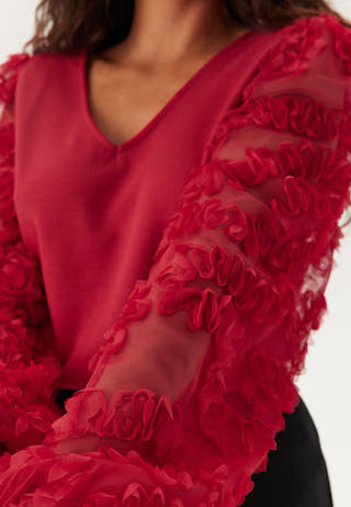 3D Floral Sleeve V-neck Top