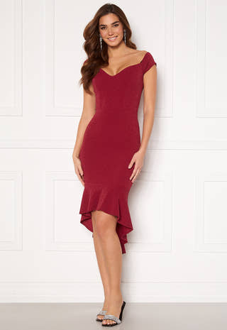 Glitter Off Shoulder Frill High Low Dress
