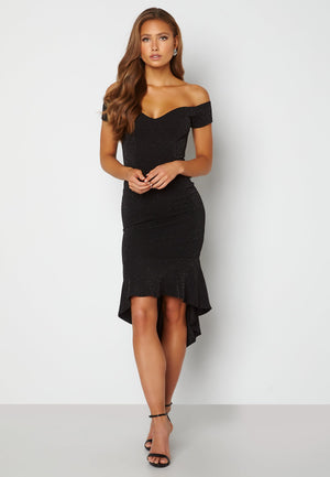 Glitter Off Shoulder Frill High Low Dress