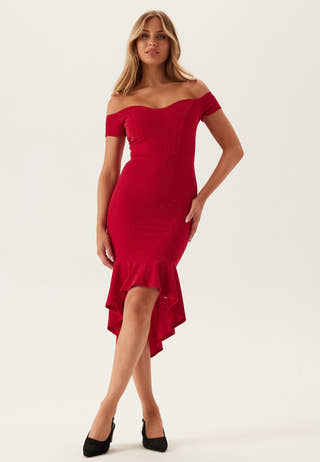 John zack Glitter Off Shoulder Frill High Low Dress campaign-outlet Red John zack Glitter Off Shoulder Frill High Low Dress campaign-outlet Red