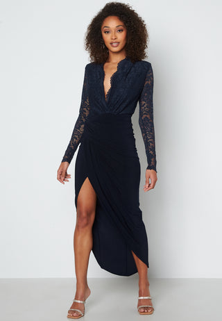 Lace Bodice Long Sleeve Rouch Dress