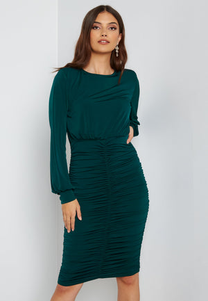 Long Sleeve Rouched Midi Dress