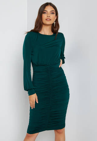 Long Sleeve Rouched Midi Dress
