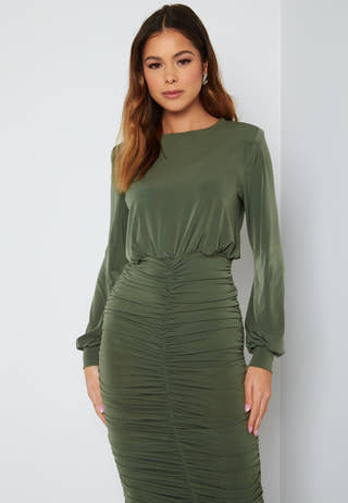 Long Sleeve Rouched Midi Dress