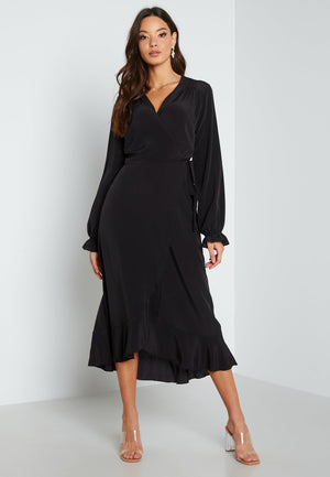 Long Sleeve Wrap Frill Dress