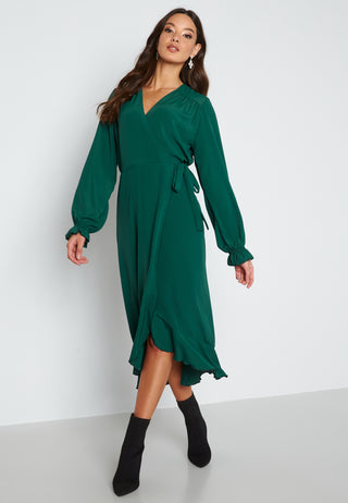 Long Sleeve Wrap Frill Dress