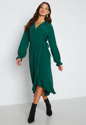 Long Sleeve Wrap Frill Dress
