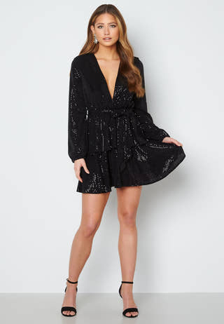 Sequin Deep V Ruffle Skater Dress