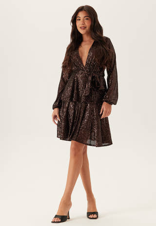 Sequin Deep V Ruffle Skater Dress