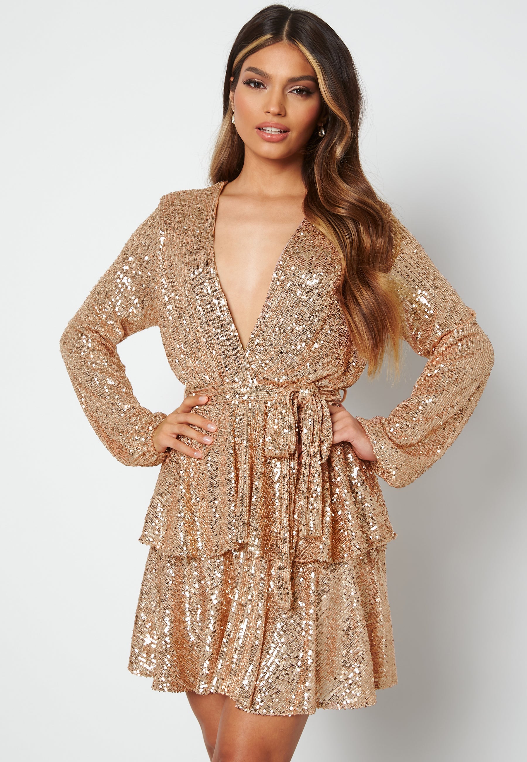 John zack  Sequin Deep V Ruffle Skater Dress  campaign-outlet  Gold