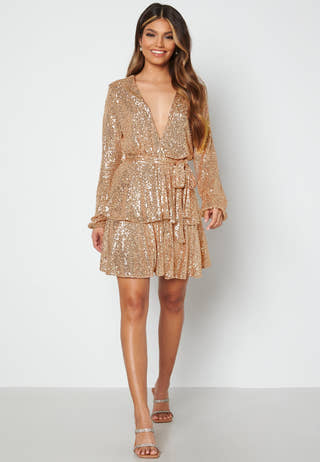 Sequin Deep V Ruffle Skater Dress