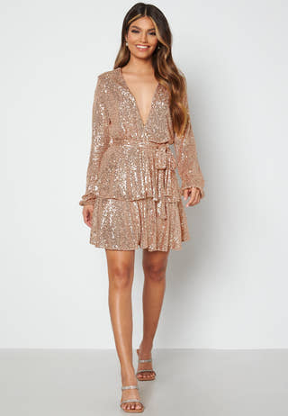 Sequin Deep V Ruffle Skater Dress