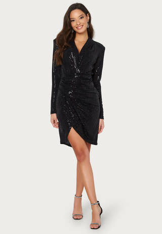 Sequin Long Sleeve Rouch Mini Dress