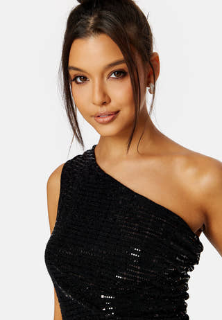 Sequin One Shoulder Sleeve Rouch Dress