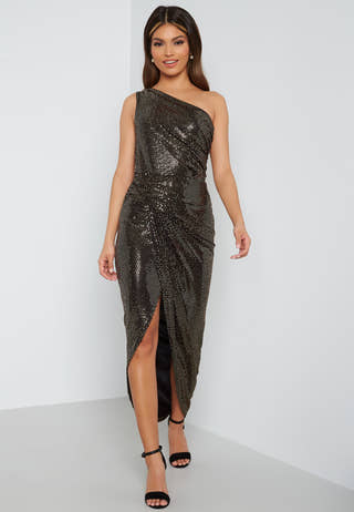 Sequin One Shoulder Sleeve Rouch Dress
