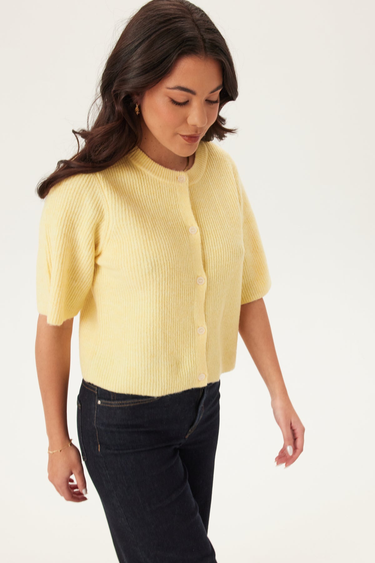 Pieces - Pieces - Pcsilly Ss O-neck Knit Cardiga Pale Banana Detail:MELANGE