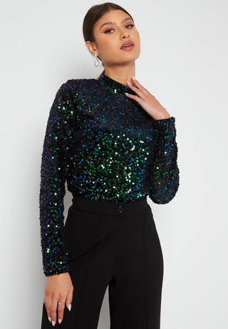 Fame L/S Highneck Sequins Top