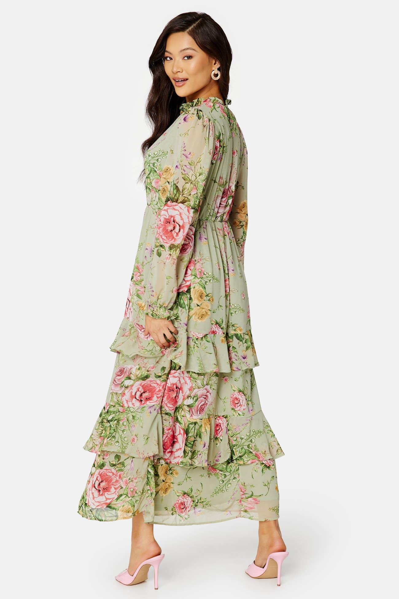 Multilayer Ruffle Gown Vila – Ura Layer Ruffle Dress – Cocktail dresses – Green / Floral / Multi